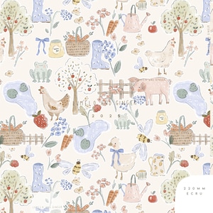 May include: A charming farmyard pattern with illustrations of chickens, pigs, bees, carrots, watering cans, and baskets on a cream background. The design also includes the text "LUMELO AND GINGER" and the year "2025".