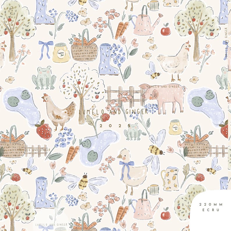 Lumelo and Ginger - Spring at Ginger's Farm - on Ecru - Printed by Family Fabrics main image 0