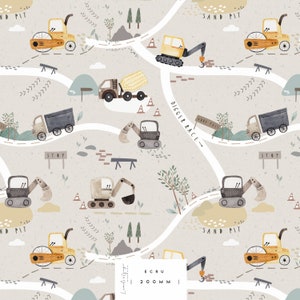 Könnte beinhalten: Eine skurrile Illustration einer Baustelle mit verschiedenen Fahrzeugen, darunter ein Betonmischer, ein Bulldozer, ein Kipplaster und eine Dampfwalze. Die Illustration ist vor einem hellgrauen Hintergrund mit braunen, gelben und grünen Akzenten platziert. Der Text "DIGGER RACE" und "SAND PIT" ist in der Illustration enthalten.