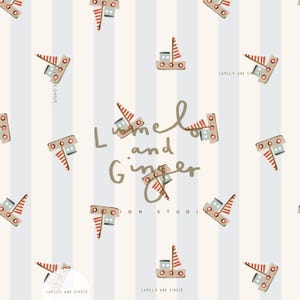 Puede incluir: Patrón repetitivo de barcos caprichosos en tonos marrón, rojo y azul sobre un fondo crema con rayas azules verticales. También está presente el texto "Lumilo and Ginger Design Studio".