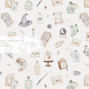 May include: A seamless pattern featuring watercolour illustrations of magical objects, including potion bottles, a witch's hat, a crystal ball, a wand, and a book. The background is a light beige with a subtle texture.