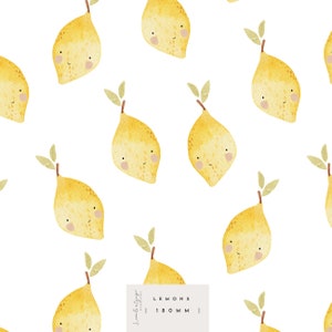 May include: A seamless pattern featuring watercolor illustrations of yellow lemons with smiling faces and green leaves. The pattern is on a white background and includes the text "LEMONS 180MM".