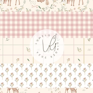 MINI-KITS Dandy, rådjur, äng. Set med 5 matchande designer, enkel, söt, sömlös tygdesign, upprepad platta, mönster