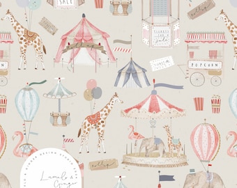 May include: A whimsical illustration featuring a circus theme with giraffes, hot air balloons, and a carousel. The design includes tents, popcorn carts, and tickets, all in soft pastel colors. The text "Roll up" is visible on a banner.