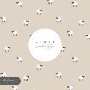May include: A seamless pattern featuring white sheep with brown faces on a light beige background. The pattern includes the text "MINIS FROM Lumelo & Ginger DESIGN STUDIO" in a white circle.