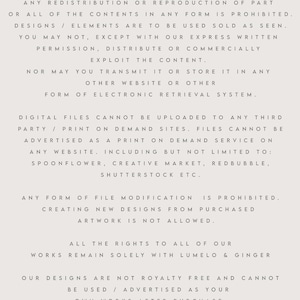 May include: Text-based image featuring the "License Terms of Use" from Lumelo & Ginger Design Studio. The text is in a serif font, with the studio's logo in the upper right corner. The background is a light beige color.