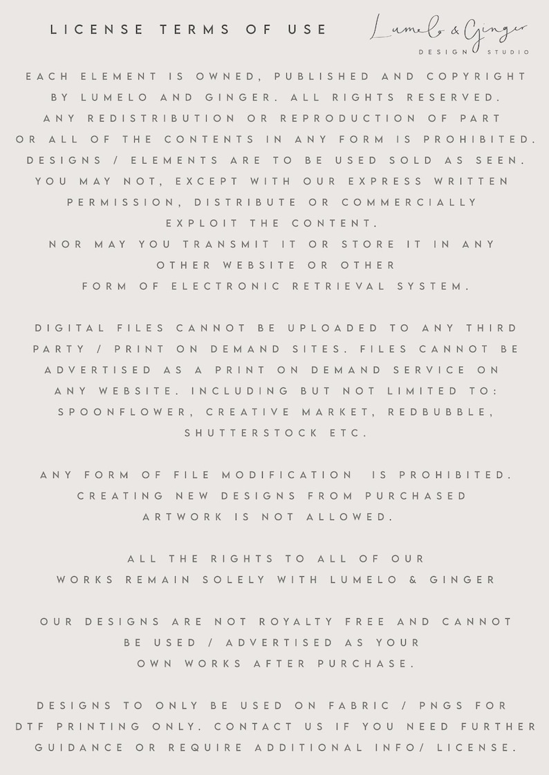 May include: Text-based image featuring the "License Terms of Use" from Lumelo & Ginger Design Studio. The text is in a serif font, with the studio's logo in the upper right corner. The background is a light beige color.