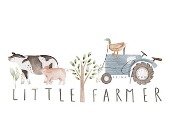 May include: A watercolor illustration of a farm scene with a cow, pig, duck, tractor, and a tree. The text "LITTLE FARMER" is written below the image.