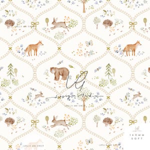 May include: A cream-coloured repeating pattern with illustrations of woodland creatures, including foxes, bears, and rabbits, interspersed with trees and flowers. The design includes a decorative lattice and the text "LUMILO AND GINGER".