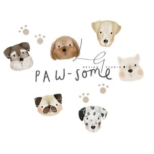 Könnte beinhalten: Eine Aquarell-Illustration von sechs Hundefiguren mit dem Text "Paw-some" und "Design Studio" auf weißem Hintergrund. Die Hunde sind ein Zwergschnauzer, ein Pudel, ein Golden Retriever, ein weißer Hund, eine Mops und ein Dalmatiner.