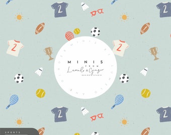 Puede incluir: Un patrón repetitivo sobre un fondo azul claro con ilustraciones deportivas. El diseño incluye raquetas de tenis, balones de fútbol, pelotas de tenis, volantes de bádminton y camisetas con el número 2. El texto "SPORTS CHALK" es visible.