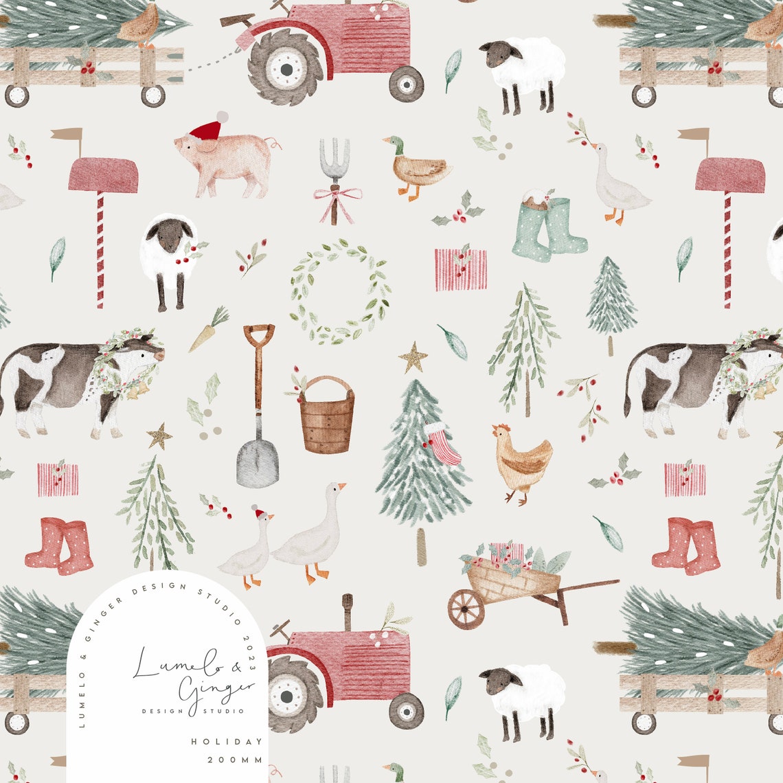 Lumelo and Ginger - Spring at Ginger's Farm - on Ecru - Printed by Family Fabrics