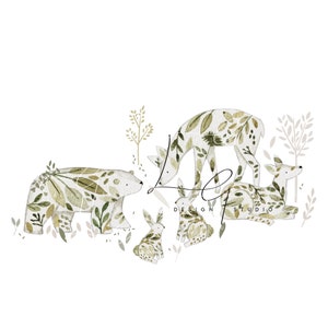 May include: Watercolor illustration of a white bear, two deer, and two rabbits in a forest setting. The animals are all covered in green and brown foliage. The text "Leaf Design Studio" is written in cursive at the bottom of the image.