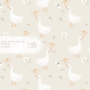 May include: A seamless pattern featuring white geese with orange beaks and feet, holding peach-coloured flowers with yellow centres. The background is a light beige with small white flowers and green leaves. The text "NON EXCLUSIVE PAPER 160MM" is visible in the bottom left corner.