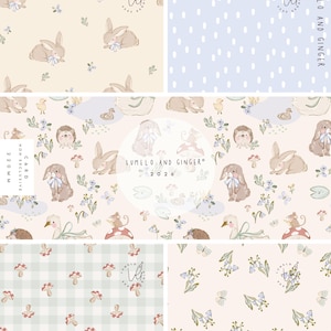 May include: A collection of digital patterns featuring illustrations of rabbits with blue bows, hedgehogs, mice on mushrooms, geese, butterflies, and floral motifs. The text includes Lumelo and Ginger 2026 and Card Non Exclusive 220mm.