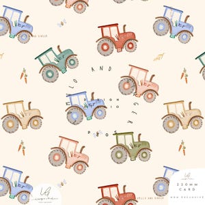 May include: A repeating pattern of tractors in various colours, including blue, red, green, and beige, on a cream background. The design includes bees, carrots, and text that reads "AND GINGER".