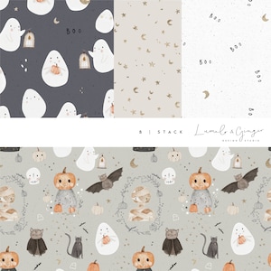 Może przedstawiać: Kolekcja wzorów o tematyce Halloween. Jeden przedstawia duchy z dyniami i lampionami na ciemnoszarym tle. Inny prezentuje złote gwiazdy i księżyce na beżowym tle. Trzeci ma tekst "boo". Ostatni wzór ma dynie, nietoperze i duchy.