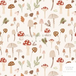 May include: A cream-colored pattern featuring various mushrooms in shades of red, brown, and beige, along with green leaves and small floral accents. The text "Pumelo and Ginger 202" is visible. The card is 220mm.