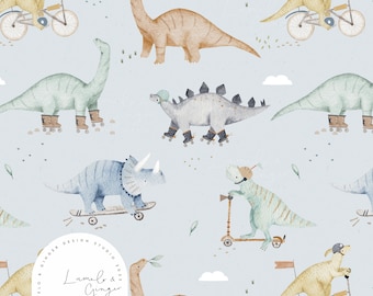 ローラー恐竜、恐竜、スケートボード、ローラーブレード、楽しい、T-Rex シームレス ファブリック デザイン、リピート タイル、パターン Lunoe 非独占