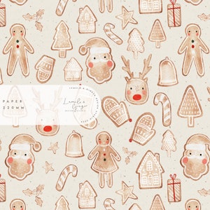Puede incluir: Un patrón sin costuras con ilustraciones de acuarela de galletas de jengibre en varias formas, incluyendo Santa Claus, renos, casas, árboles y estrellas. El fondo es beige claro con una textura sutil.