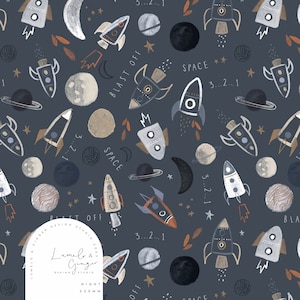 May include: A seamless pattern featuring a dark blue background with rockets, planets, stars, and moons in shades of blue, grey, brown, and white. The pattern includes the text "BLAST OFF" and "SPACE".