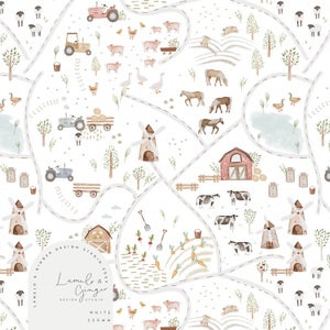 Maly Farm, meadow, pig, cow, Map, Seamless Fabric Design,  Repeat Tile, Pattern Lunoe