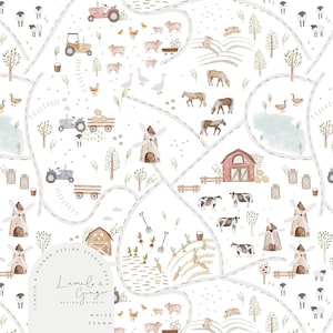 Puede incluir: Una ilustración de acuarela de una escena de granja con un camino sinuoso, animales de granja y edificios. La ilustración está en una paleta de colores claros con tonos blancos, marrones y verdes. El texto "Lumble & Ginger Design Studio 2023 White 220mm" es visible en la esquina inferior derecha.