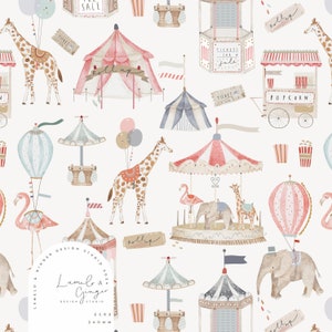 PETITE FOIRE, Rummelplatz, Sommer, Zirkus, Giraffe, Seamless Fabric Design, Rapportfliese, Muster Lunoe, NonExclsuive