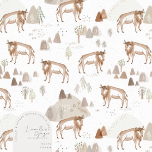 May include: A seamless pattern featuring brown bison, trees, and abstract shapes in shades of brown and beige on a white background. The pattern includes the text "Lumelo & Ginger Design Studio 2023 White 200mm".