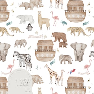 May include: A watercolor pattern featuring a variety of animals, including a zebra, giraffe, llama, rhino, elephant, bear, penguin, and flamingo. The pattern also includes a wooden ark, a banner that says "Hello Everyone", and other small details like bees, butterflies, and leaves. The pattern is on a white background.