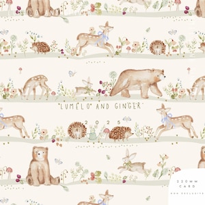 Könnte beinhalten: Ein sich wiederholendes Muster mit Illustrationen von Waldtieren wie Hirschen, Bären, Igeln und Kaninchen. Das Design enthält florale und pilzartige Elemente, mit dem Text "LUMELO AND GINGER" und "2025". Der Hintergrund ist cremefarben.