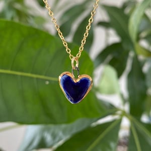 Hand-Sculpted Porcelain Blue Heart Pendant: 24k Gold Lustre Ceramic Necklace Charm