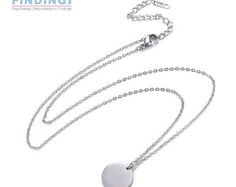 1 x 18 inch (460mm) Stainless Steel Necklace with 15mm Pendant and 50cm Extension Chain for Engraving or Stamping