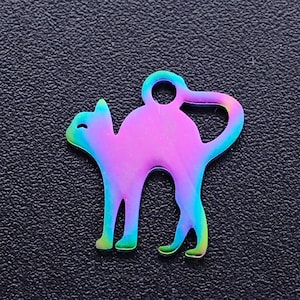 5 x 12mm Stainless Steel Multicoloured Rainbow Cat Pendant or Charm - perfect for earring findings, charms or pendants