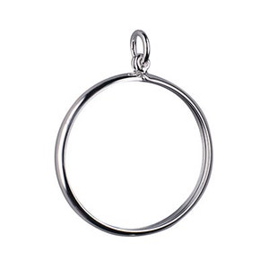May include: A silver coin pendant with a round, smooth, bezel-style design. The pendant has a simple loop at the top for attaching to a chain.