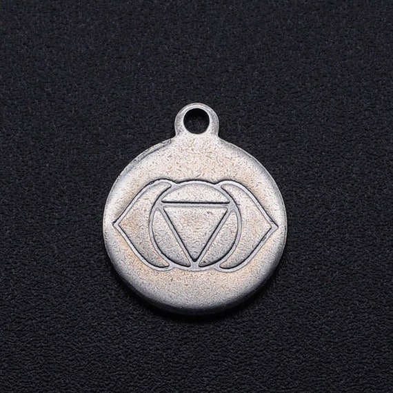 X 12mm Flat Round Chakra Ajna Stainless Steel Charm Pendant