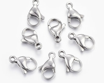 10 Pieces 13x8x4mm Lobster Claw Clasps - Stainless Steel Hypoallergenic, Hole: 1.5mm