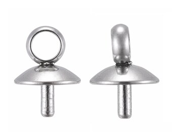 10 x 6x5mm Stainless Steel Cup Pearl Peg Bails Pin Pendants For Half Drilled Beads, Pin: 1mm.