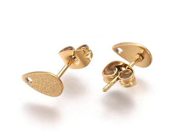 5 Pairs (10 pieces) Gold Coloured Textured Tear Drop Shaped Studs, Stainless Steel Stud Earring Findings