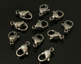 10 Pieces 10x6x3mm Lobster Claw Clasps - Stainless Steel Hypoallergenic, Hole: 1.5mm