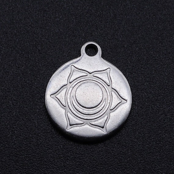 x 12mm Flat Round Chakra Svadhishthana Stainless Steel Charm Pendant  Tag