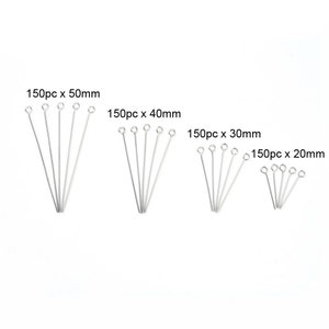 600 x Stainless Steel Eye Pins of various lengths (20mm, 30mm, 40mm, 50mm) Hypoallergenic.
