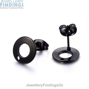 5 Pairs (10 pieces) 10mm Diameter Round Black Coloured Stainless Steel Stud Earring Findings with hole and ear nuts