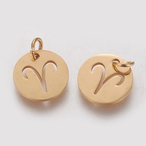 12mm Gold Toned Flat Round Zodiac Sign Stainless Steel Charm / Pendant / Tag