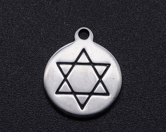 1 x 12mm Flat Round with Star of David Stainless Steel Charm / Pendant