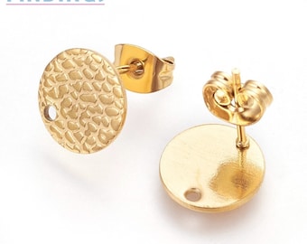 5 Pairs (10 pieces) 10mm Diameter Stainless Steel Gold Toned Textured Stud Earring Findings with Hole and Ear Nuts