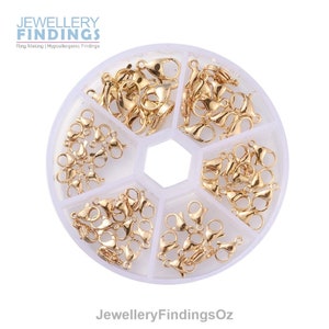 60 x Gold Plated Stainless Steel Lobster Claw Clasps, Mixed Sizes 9~15x6~9x3~4mm, Hole: 1.2~1.6mm;