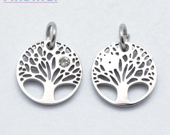 2 x 316 Stainless Steel Tree of Life Pendant with Cubic Zirconia