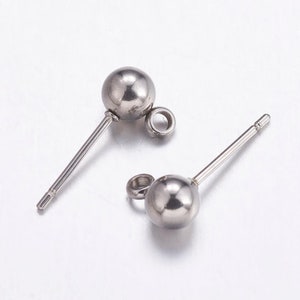 5 Pairs (10 pieces) 4mm Bead with Loop Stainless Steel Stud Earring Findings with ear nuts