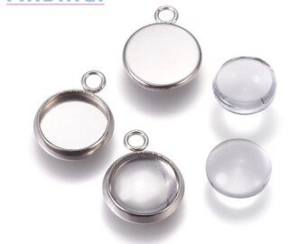 40 juegos de pendientes de acero inoxidable con cabujón de vidrio, con cierre de palanca y bandeja plana, de 8 mm, 10 mm, 12 mm y 14 mm. | en línea